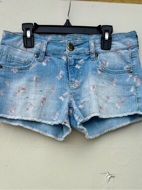 Light Blue Floral Denim Shorts - Women's Casual Cutoff